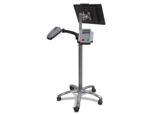 img-m170t-dual-pinpads-pole-back m170T commercial tablet on TK-2-Go pole with dual Pin Pads